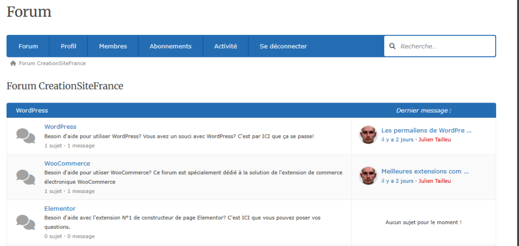 Vue front office du Forum
